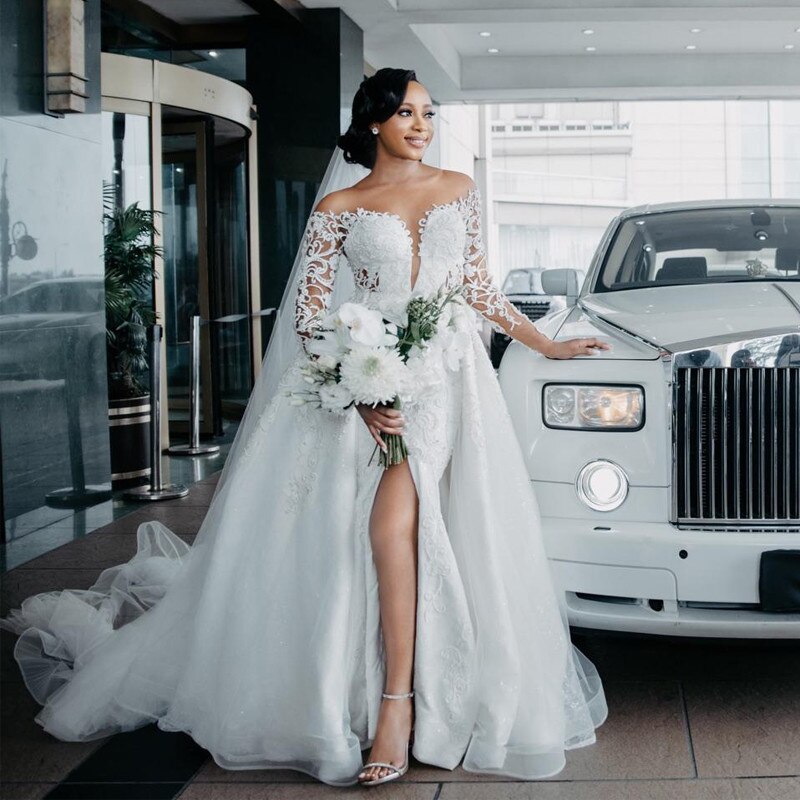 Mermaid Sexy 2021 Split Wedding Dresses With Detachable Train Long Sleeve Beaded Lace Appliqued Bridal Gowns Plus Size Robe De Mariée