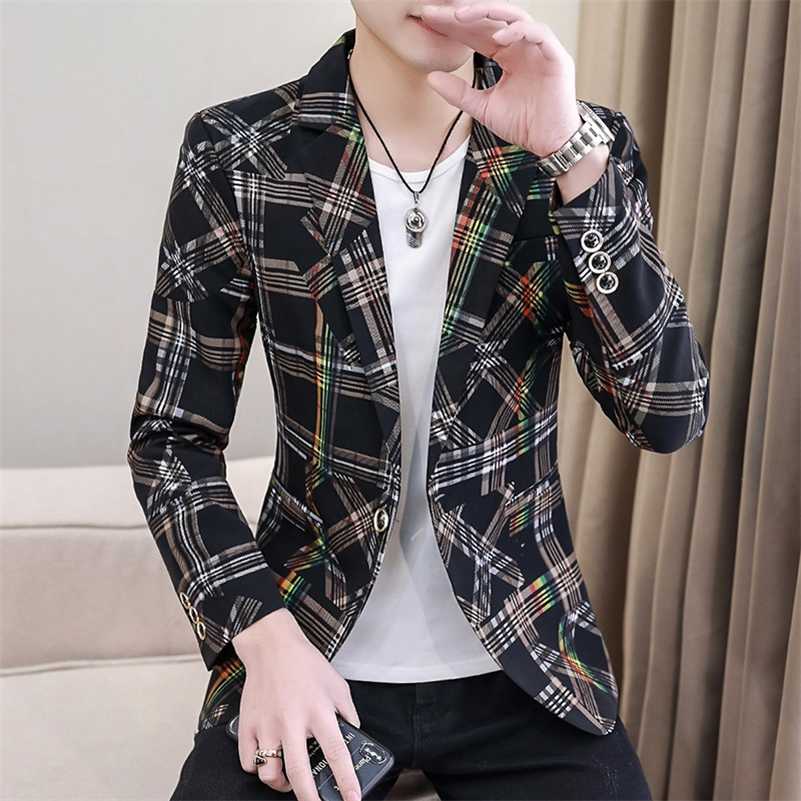 Plaid Blazers Men Slim Fit Business Casual Suit Jacket Korean Wedding Social Office Dress Coat Streetwear Costume Homme 211120