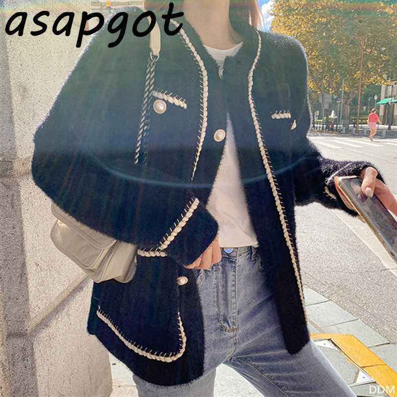 Asapgot White Mink Cashmere Sweater Coat Women Autumn Winter Lazy Style Korean Retro Black Loose O Neck Knitted Cardigan Fashion 210811