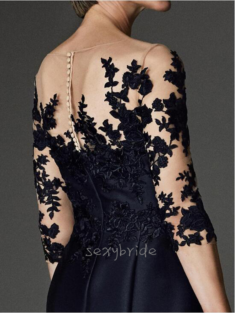 Elegant Dark Navy Short Mother Of The Bride Dresses A Line Sheer Lace Neck 3/4 Long Sleeve Tea Length Wedding Guest Party Dress Formal Wear