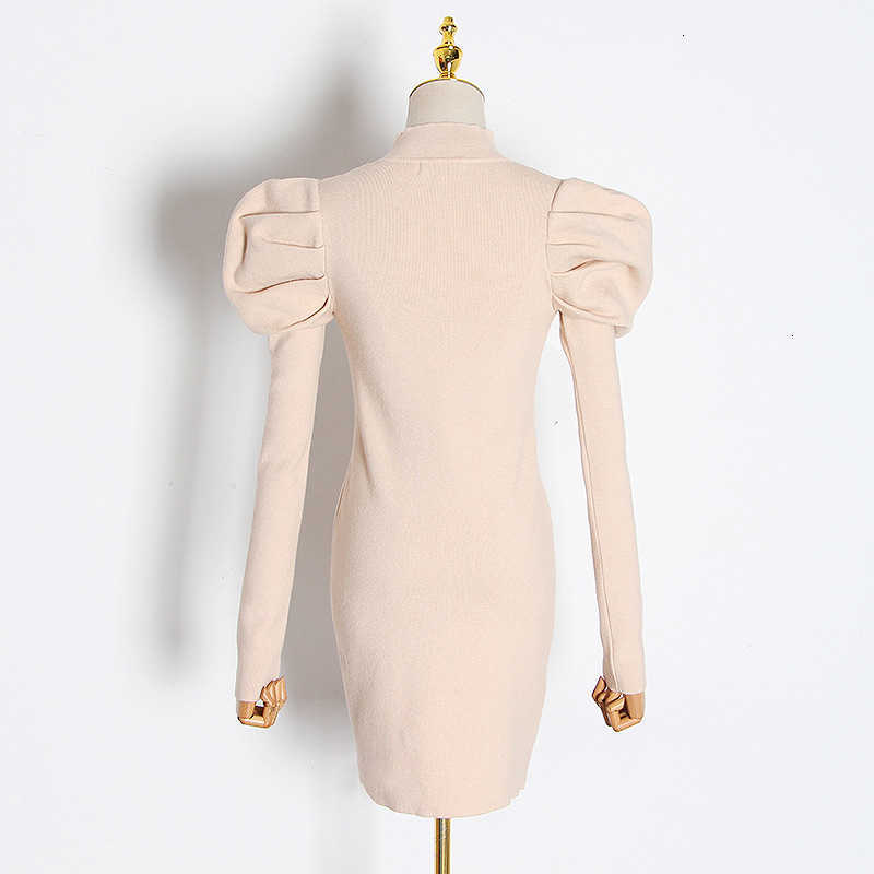 Spring Solid Puff Long Sleeve Femme Robe Simple Slim Bodycon Elegant Women Dresses Half High Collar Knitted Vestidos 13A143 210525