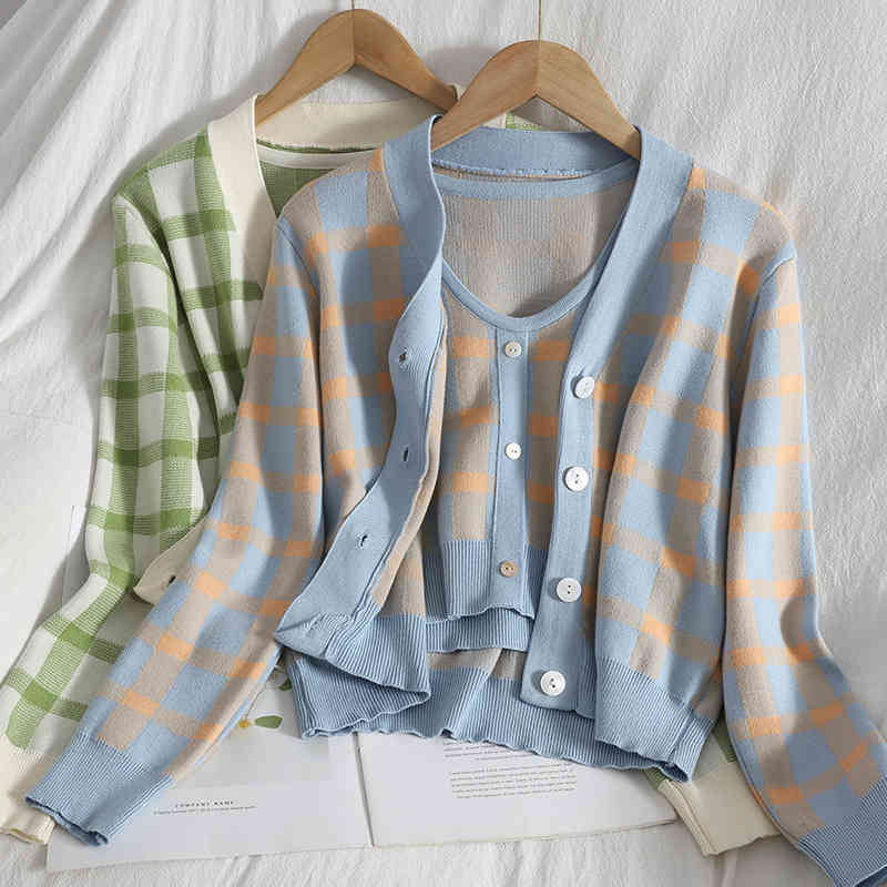 Spring Korean Cardigan V-neck Jacket + All-match Breasted Vest Contrast Color Plaid Knitted Top Two-piece Women 210525, Green
Spring Korean Cardigan V-neck Jacket + All-match Breasted Vest Contrast Color Plaid Knitted Top Two-piece Women 210525, Green