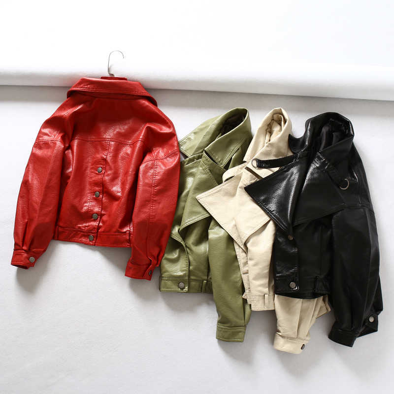 FTLZZ Spring Autumn Green Faux Leather Jackets Casual Women Short Vintage Loose Pu Jackets Female Black Red Leather Coats 210909