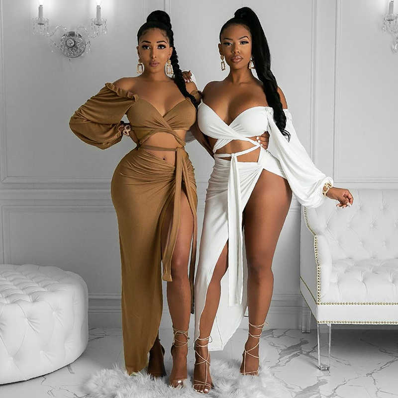 Colysmo Autumn Two Piece Set Women Long Lantern Sleeve Sexy Low Out Tie Up Crop Top Split Skirts 2 Clothes 210527