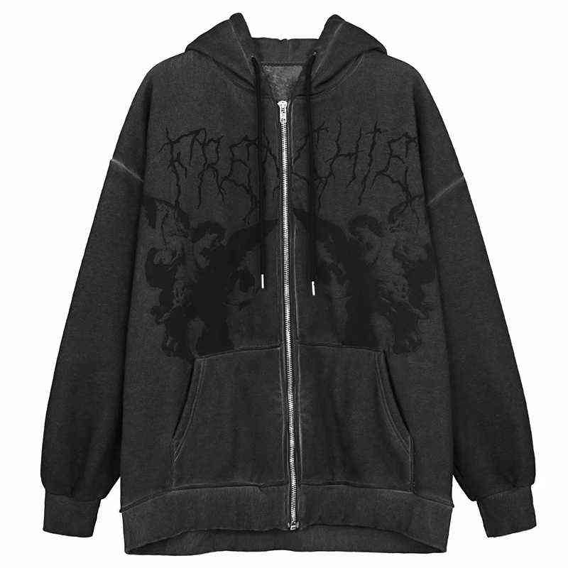 Hip Hop Streetwear Hoodie Angel Print Jacket Harajuku Cotton Fleece Jacket Hanban Jacket Oversized Zip Sweatshirt Y2K clothing 220110