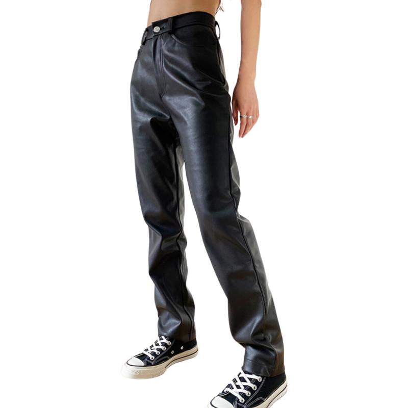 Women's Pants & Capris Straight Leg Casual Leather With Pockets Fashion Solid Color PU High Waist Trousers Button Access Control