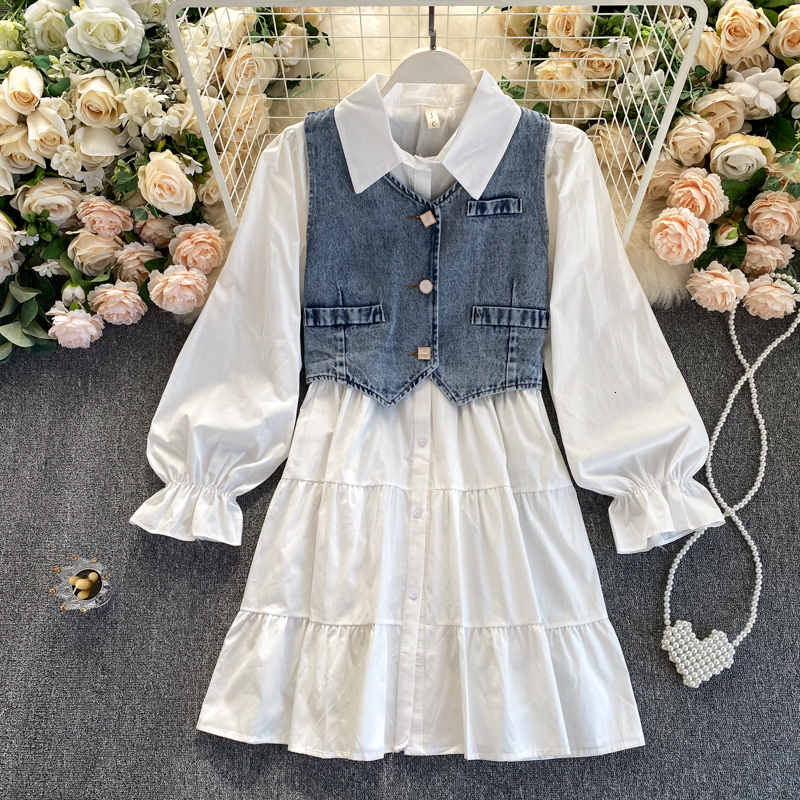 2021 New French shirt lapel flared sleeves and thin ruffled cold wind dress denim vest suit THB4, White
2021 New French shirt lapel flared sleeves and thin ruffled cold wind dress denim vest suit THB4, White