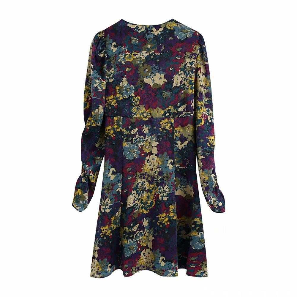 Women Floral Printed Short Dress V-neckline Vintage Retro Casual Elegant Chic Mini Woman Dresses 210709