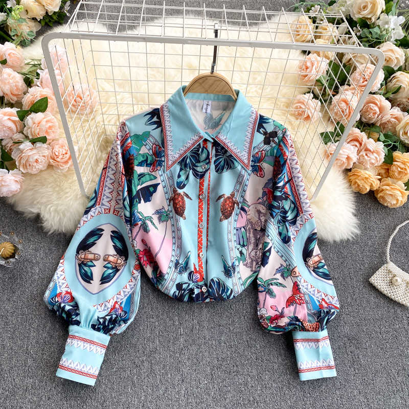 DEAT Spring Lapel Bubble Sleeve Shirt High Waist Slim Skirt With Elastic Waist Vintage Print Two Piece Set MZ132 210708