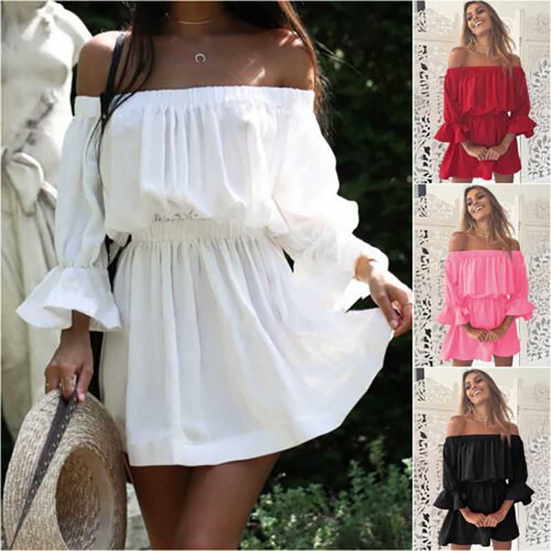 Women Slash Neck Off Shoulder Dresses Summer Flare Sleeve Bandage Solid Sundress Loose Casual Sexy Beach Vestidos Robe Dress 210623