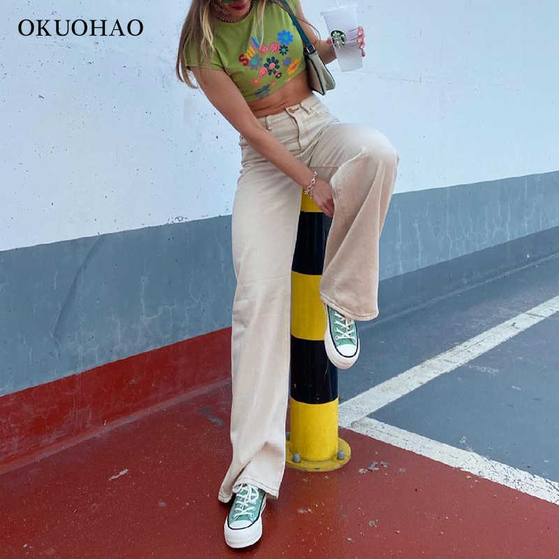 Straight Leg Beige Jean Pants Women Fashion Wide Mom Y2K Pant Summer Classic Streetwear Baggy Trousers High Waist Loose 210922
