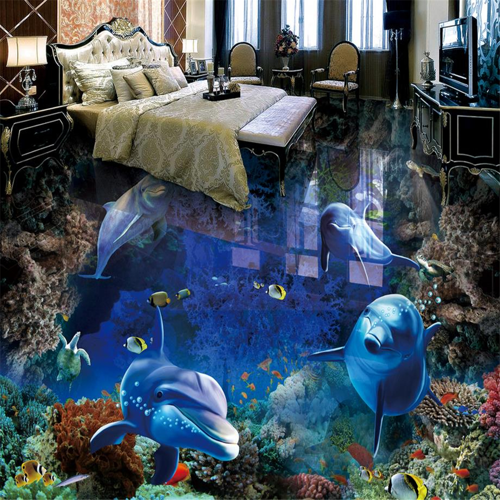 3d floor Underwater World Dolphins wallpaper pvc self adhesive wallpaper 3d floor painting for living room