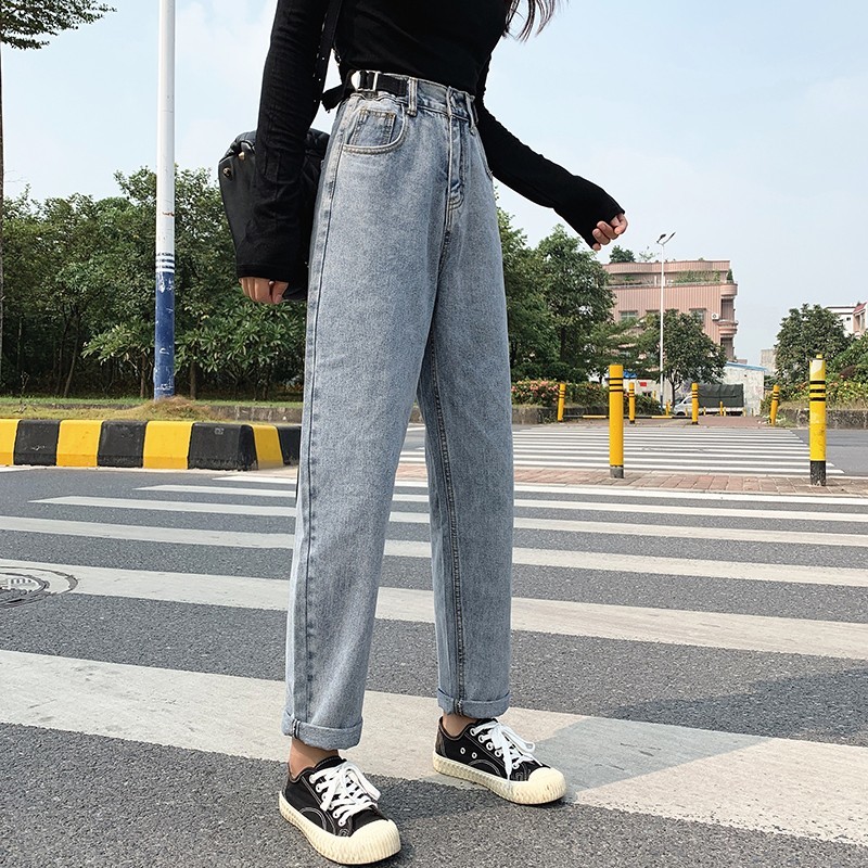 GUUZYUVIZ Blue Mom Jeans Vintage High Waist Denim Harem Pants Ladies Jeans Trousers Korean Elastic Waist Plus Size Loose Casual 210302