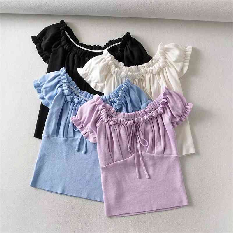Puff Sleeve Short T-shirt Female Ins European Women's Summer Drawstring Small Fashionable Top Lace W69Q 210603