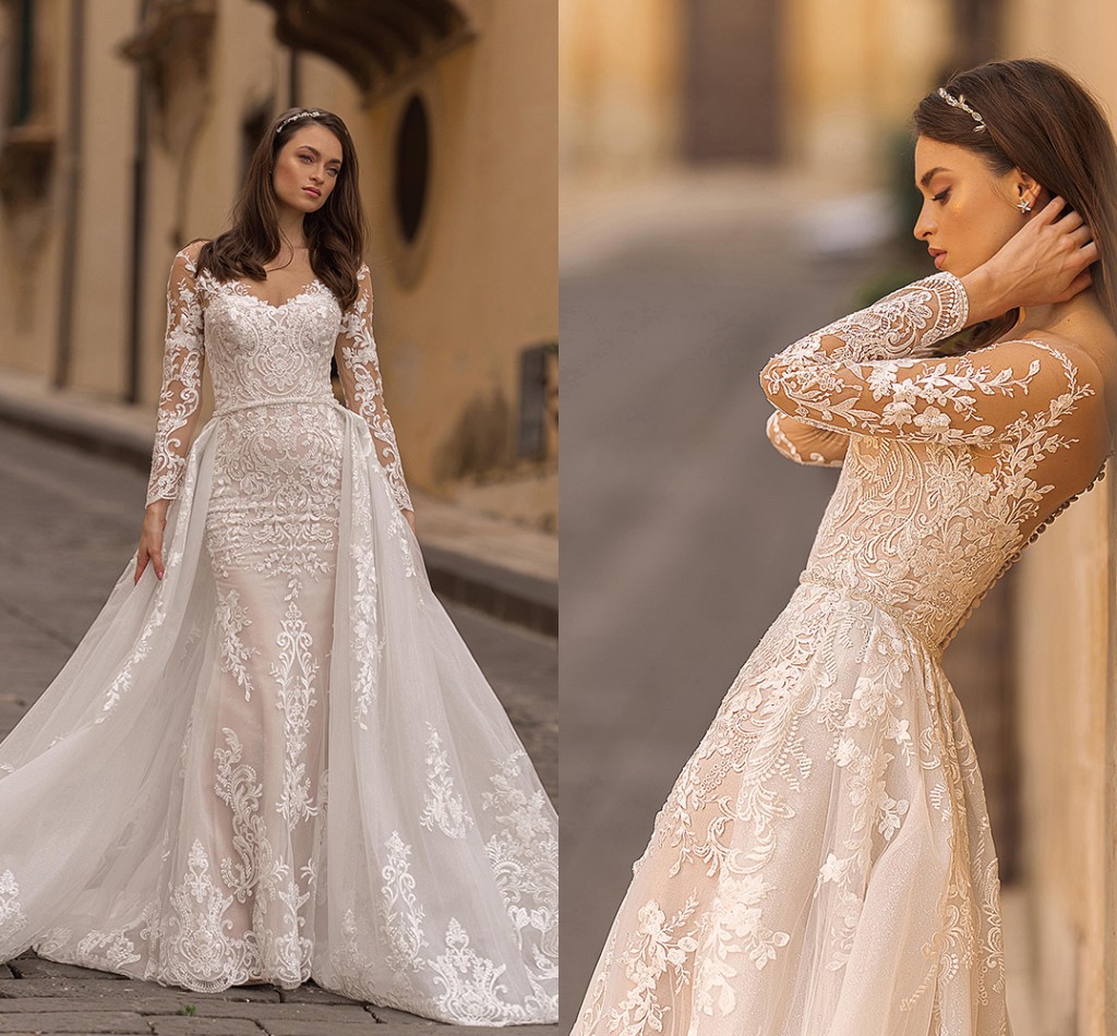 Beading Waist Appliques Long Sleeve 2 Pieces Mermaid Wedding Dresses With Detachable Train Vestido De Noiva Sereia bridal gown