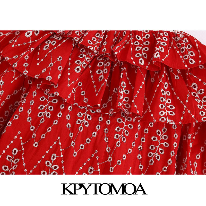 KPYTOMOA Women Fashion Cutwork Embroidery Ruffles Blouses Vintage V Neck Elastic Trims Female Shirts Blusas Chic Tops 210225