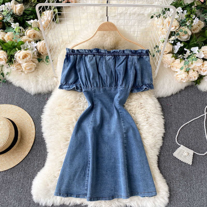 DEAT Women Denim Dress Slash Neck Short Sleeve Arrivals Lady Sexy Temperament Fashion Spring Summer 11B604 210709