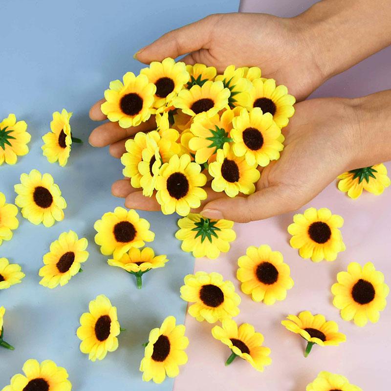 4.5cm warm yellow sunflower heads silk artificial fake flower handmade wreath craft wedding supplies