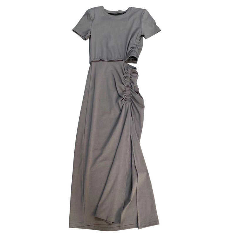 DEAT Women Holloe Out Pleated Midi-long Dress Round Neck Short Sleeve Arrivals Lady Sexy Fashion Spring Summer 11D694 210709