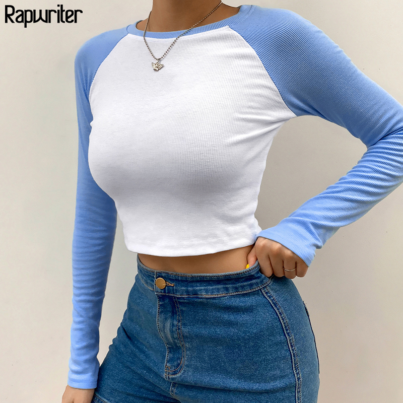 Contrast Color Ribbed Y2k Aesthetic Harajuku Crop Tops Women Fall O-Neck Long Sleeve Casual Basic T Shirt Femme RapWriter 210302