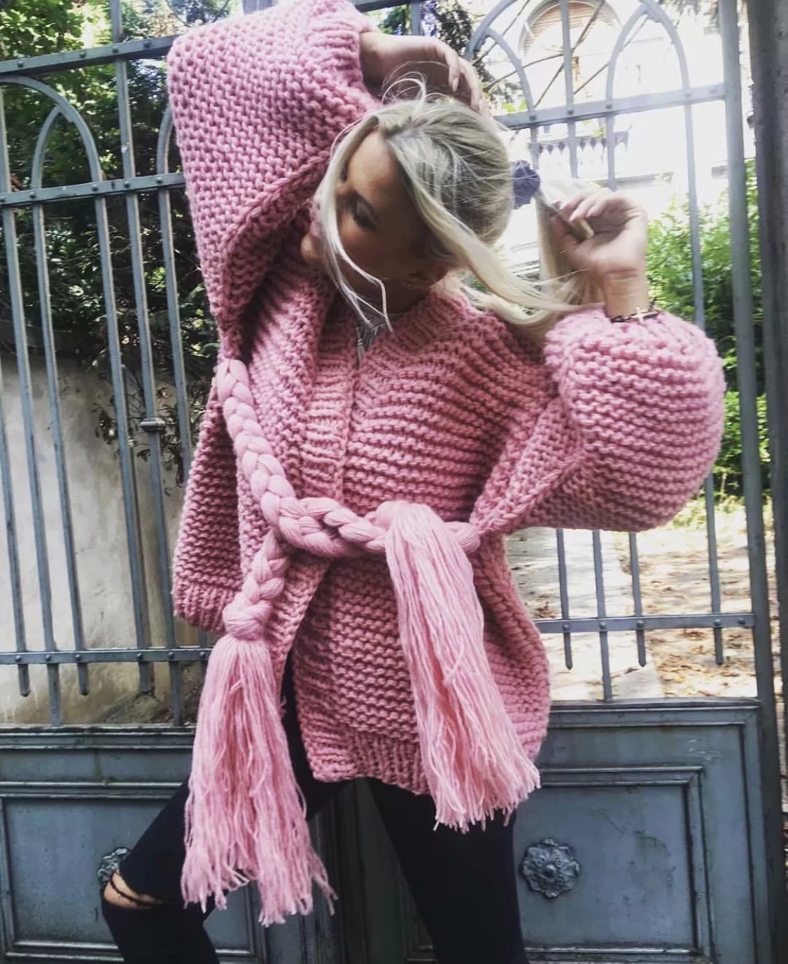 V-Neck Lantern Sleeve Knit Cardigan In Beige And Gray | Autumn Winter Collection