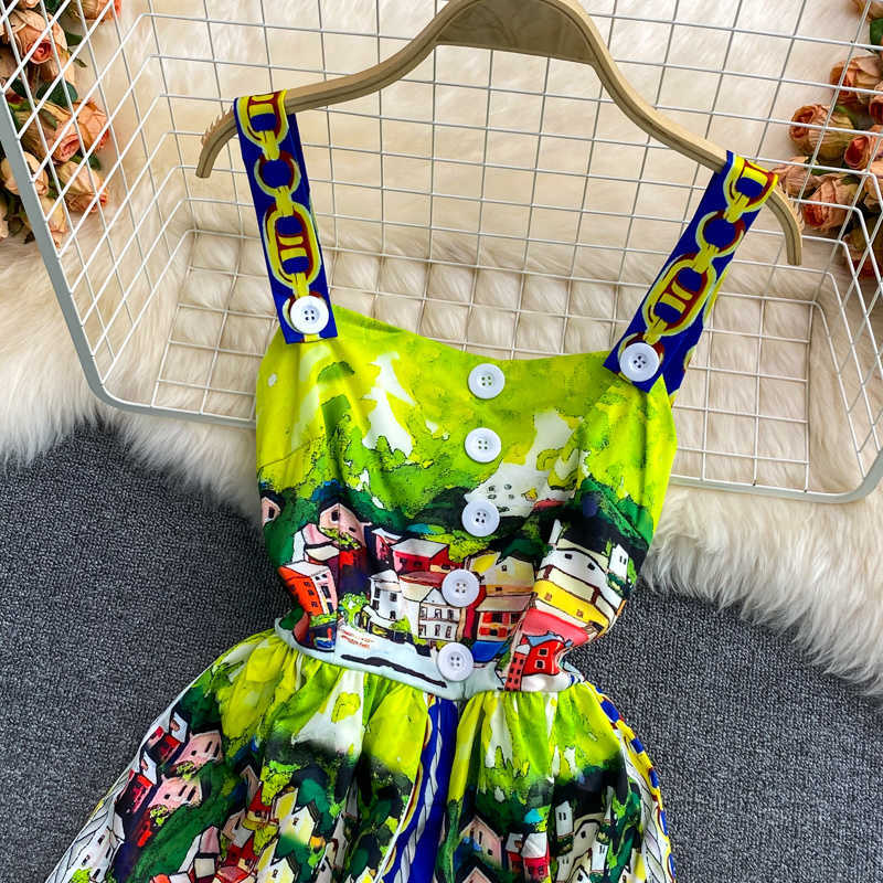 DEAT Women Printing Sling Dress Slash Neck Sleeveless Arrivals Lady Sexy Fashion Temperament Spring Summer 11D1401 210709