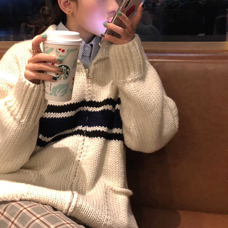 2 Colors autumn and winter korean style turn down collar stripe zipper thick knittd cardigans womens sweaters womens(C8540) 210918