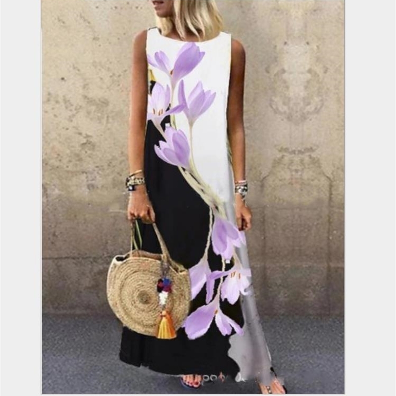 Basic Casual Dresses Sundress Women Summer Dress Printing Sexy Dress Midi Plus Size Casual Linen Loose Sleeveless printed Long Maxi Dress 210303