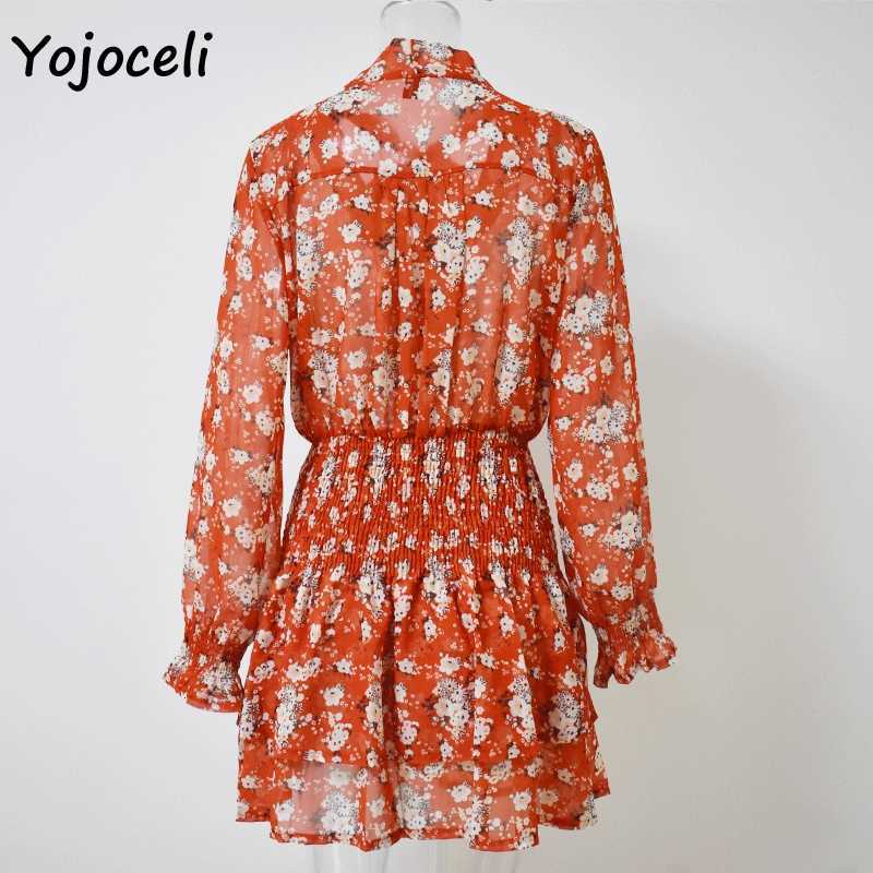 Yojoceli floral print v neck bow dres spring shirred boho beach mini 210609