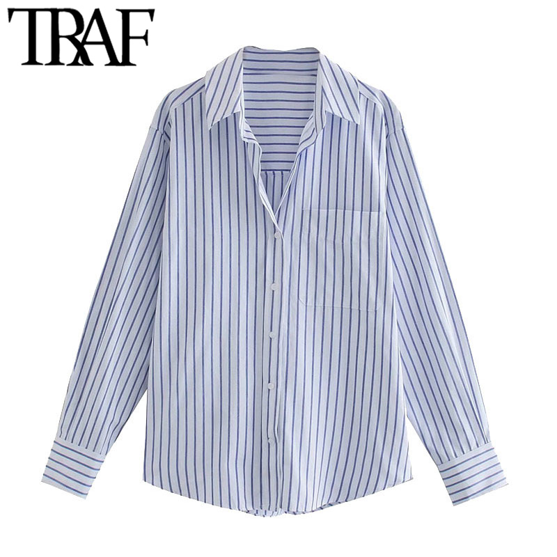 TRAF Women Fashion Office Wear Striped Loose Blouses Vintage Long Sleeve Pockets Female Shirts Chic Tops 210225