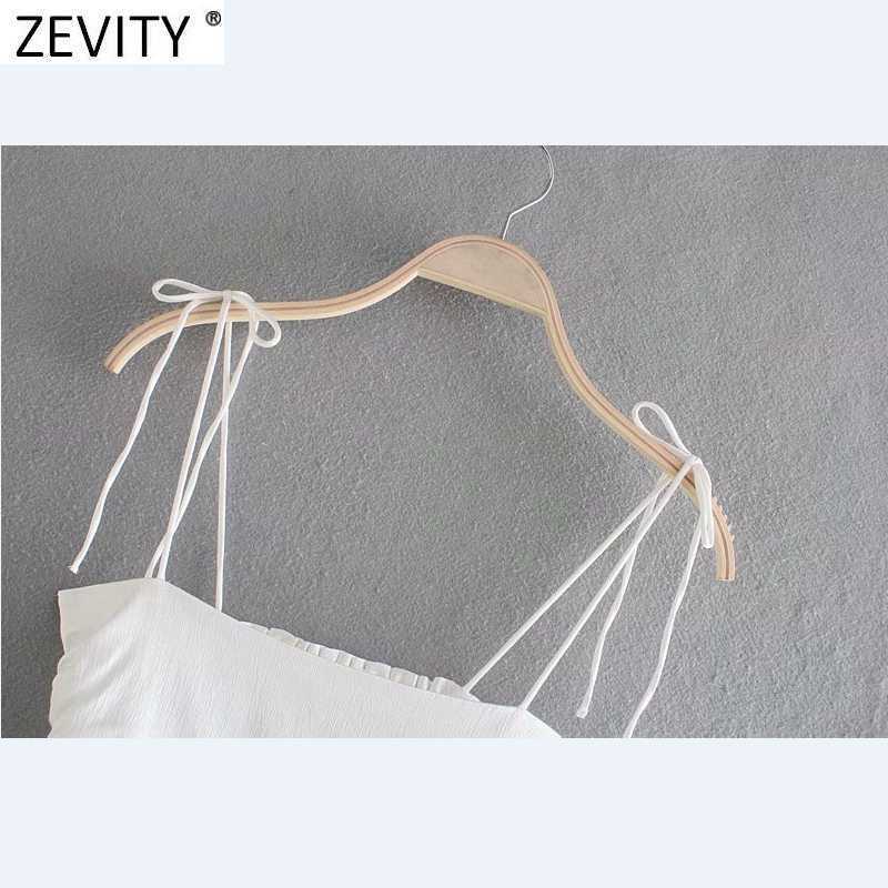 Zevity Women Spaghetti Strap Black White Color Chic Camis Tank Ladies Summer Back Elastic Pleated Short Sling Crop Tops LS9070 210625