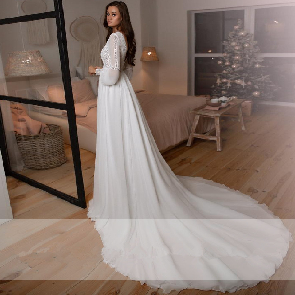 Bohemian Chiffon Boho Wedding Dresses Long Sleeves Sexy Backless Illusion V-Neck Court Train Long Beach Wedding Dress Bridal Gowns Vestidos