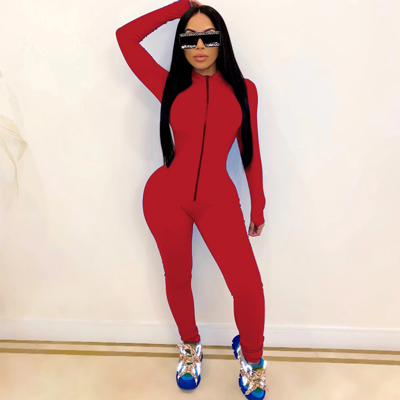 HAOYUAN Sexy Long Sleeve Rompers Womens Jumpsuit Tracksuits Zipper Up Fall Clothes One Piece Club Outfits Sport Bodycon Overalls 201007