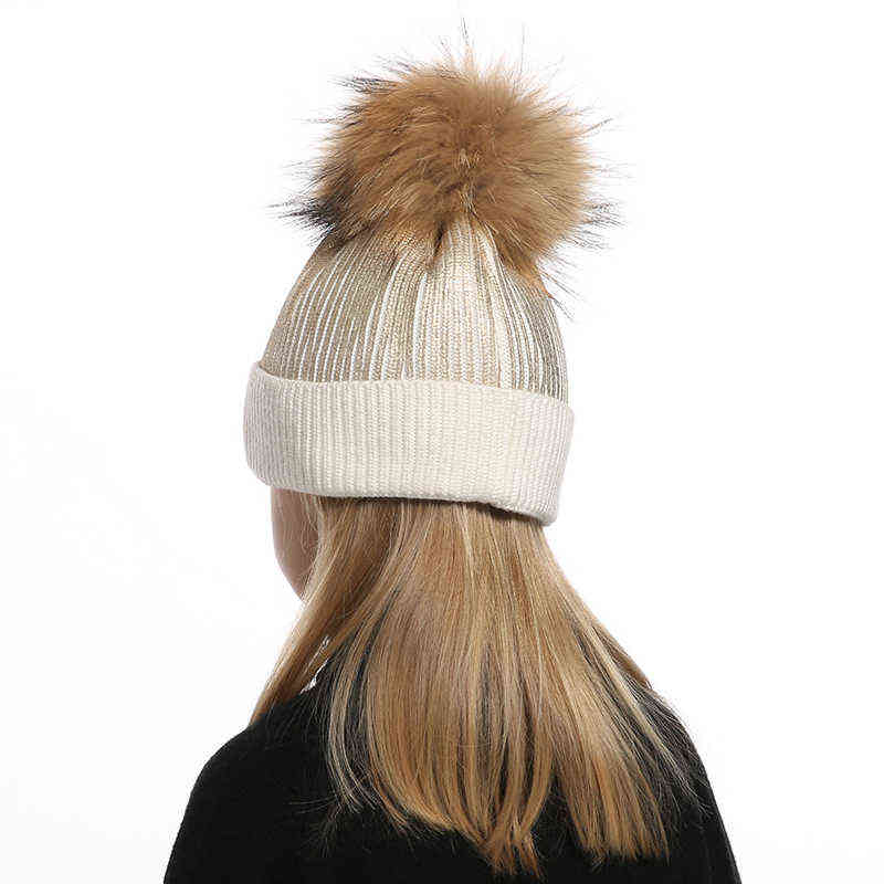 Wool Knitted Winter Hat For Kids Girls Boy Gold Silver Pink Black Metallic Print Beanie Real Fur Pompom 220105