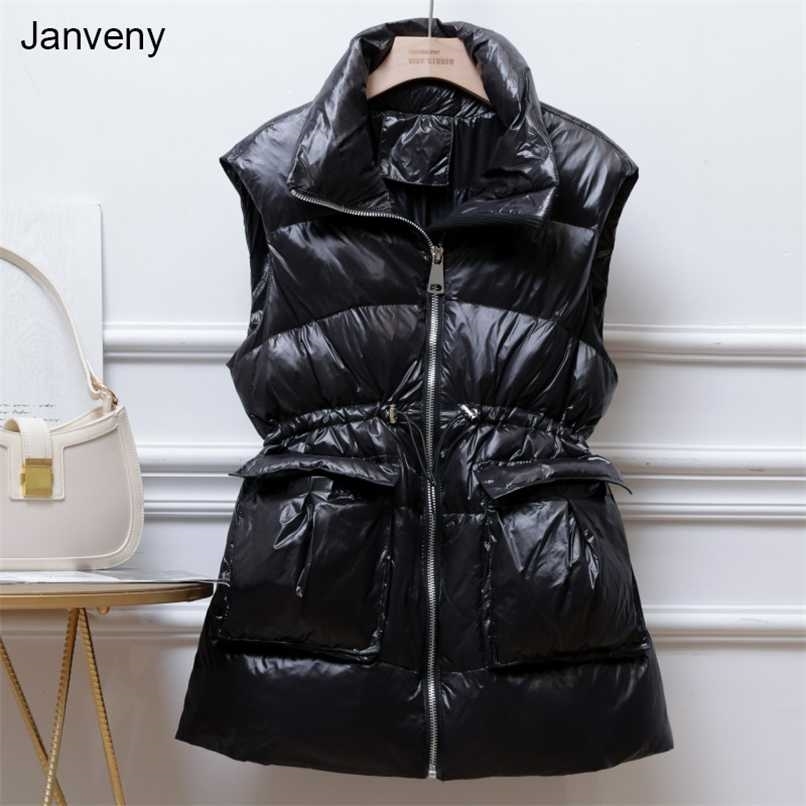Janveny Winter Down Vest Women Mid-Length Slim Waistcoat 90% White Duck Jacket Female Gilet Sleeveless Windproof 211130