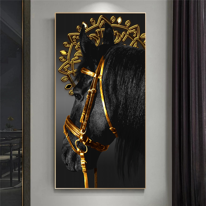 Golden Black Horse Poster Animal Canvas Prints Wall Art Pictures For Living Room Entrance Painting Modern Home Decor Cuadros