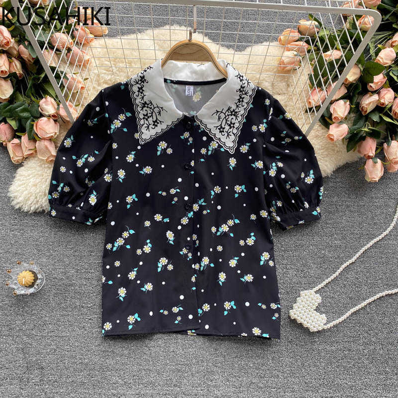 Womens Tops Embroideried Hit Color Turn-down Collar Shirt Korean Floral Puff Short Sleeve Blusas Mujer De Moda 6H404 210603, Black
Womens Tops Embroideried Hit Color Turn-down Collar Shirt Korean Floral Puff Short Sleeve Blusas Mujer De Moda 6H404 210603, Black