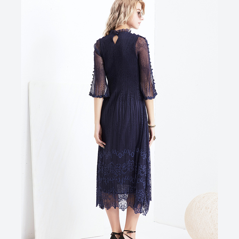 Pleated Yarn Dress For Women Navy Blue Layer Mesh Dresses Large Size Flare Sleeve Femlae Elegant Clothing 2D3925 210526