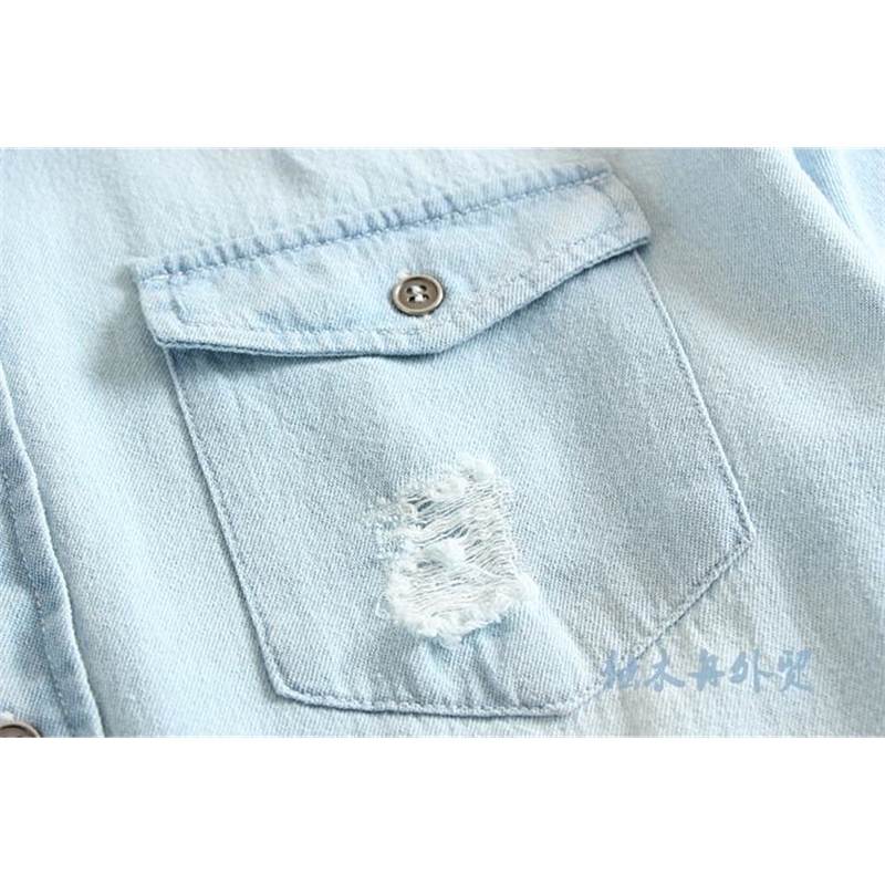 Spring and summer men fashion slim water wash long sleeve single breasted casual denim ripped shirt male trendy jean outerwear