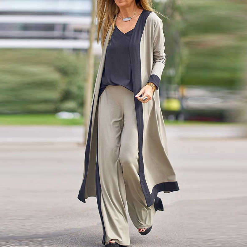 Casual Women Long Cardigan & Sling Tops Loose Pants Sets Elegant Patchwork Lady Outfits Suits Fashion Femme 3Pc Steetwear 210930