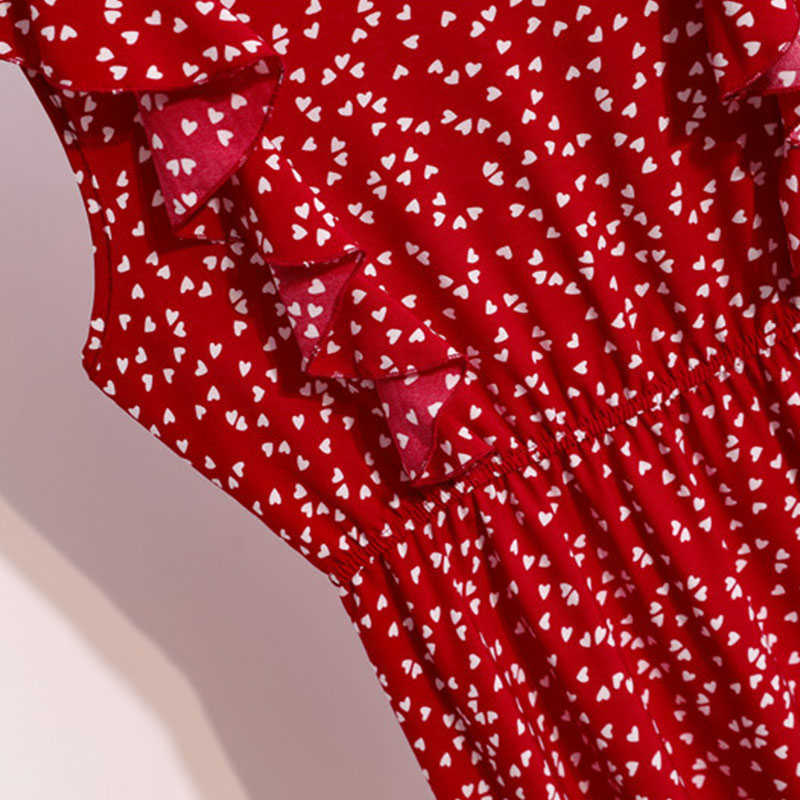 Vintage Butterfly Sleeve Ruffles Heart Dot Print Dress Women Medium Long Chiffon Ladies Spring Summer Dress Red Black Blue 210630