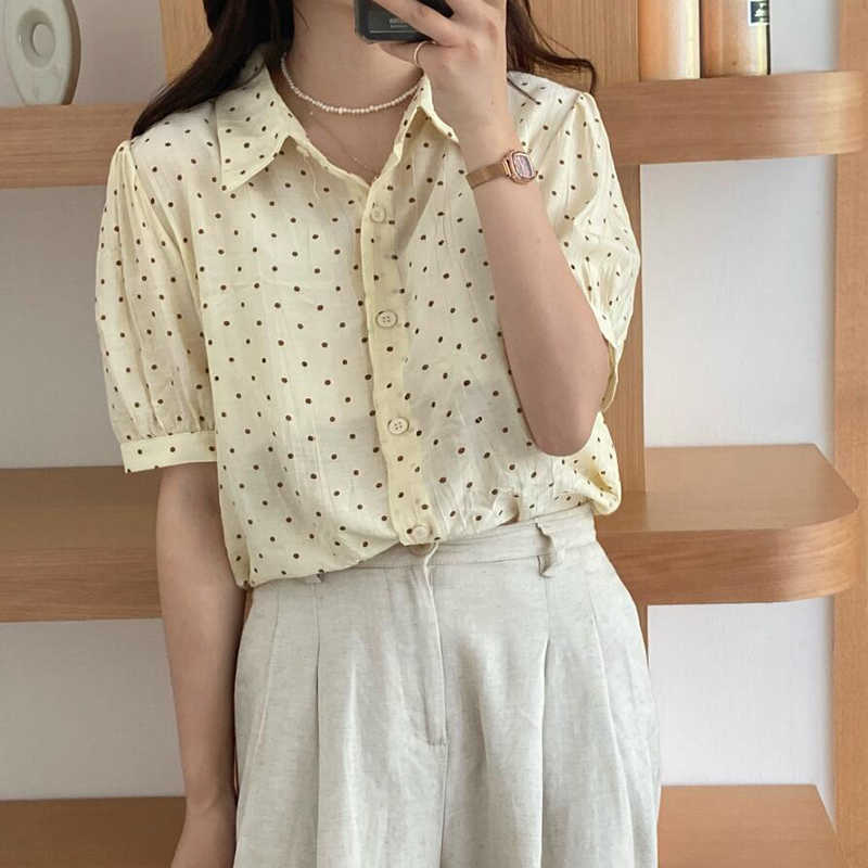 Korejpaa Women Shirt Summer Korean Retro Lapel Single-Breasted Back Hollow Lace-Up Adjustment Polka Dot Puff Sleeve Blouses 210526