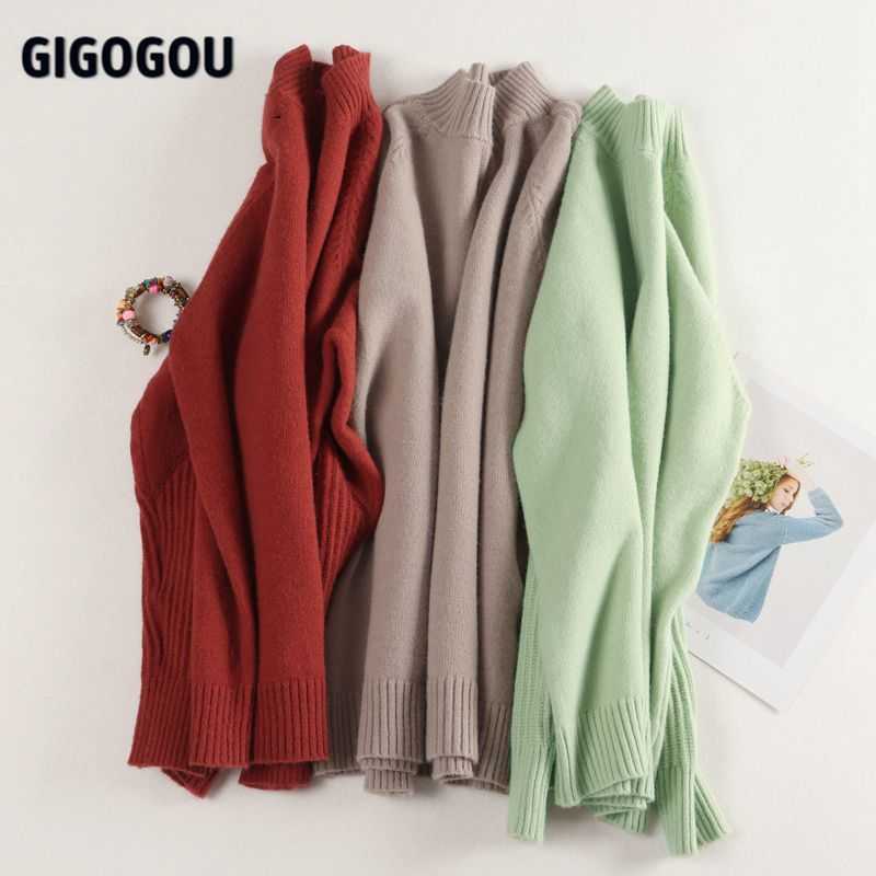 GIGOGOU Vertical Stripe Women Sweaters Thick Warm Cashmere Turtleneck Casual Loose Knit Pullovers Sweater Soft Female Jumper Top 210918