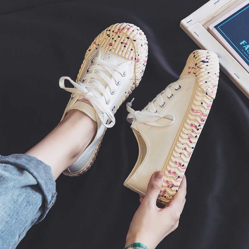 White Shoes Women's 2021 New Popular Autumn Korean-style Splash-ink Canvas Girls All-match Skateboard Biscuits Y0907