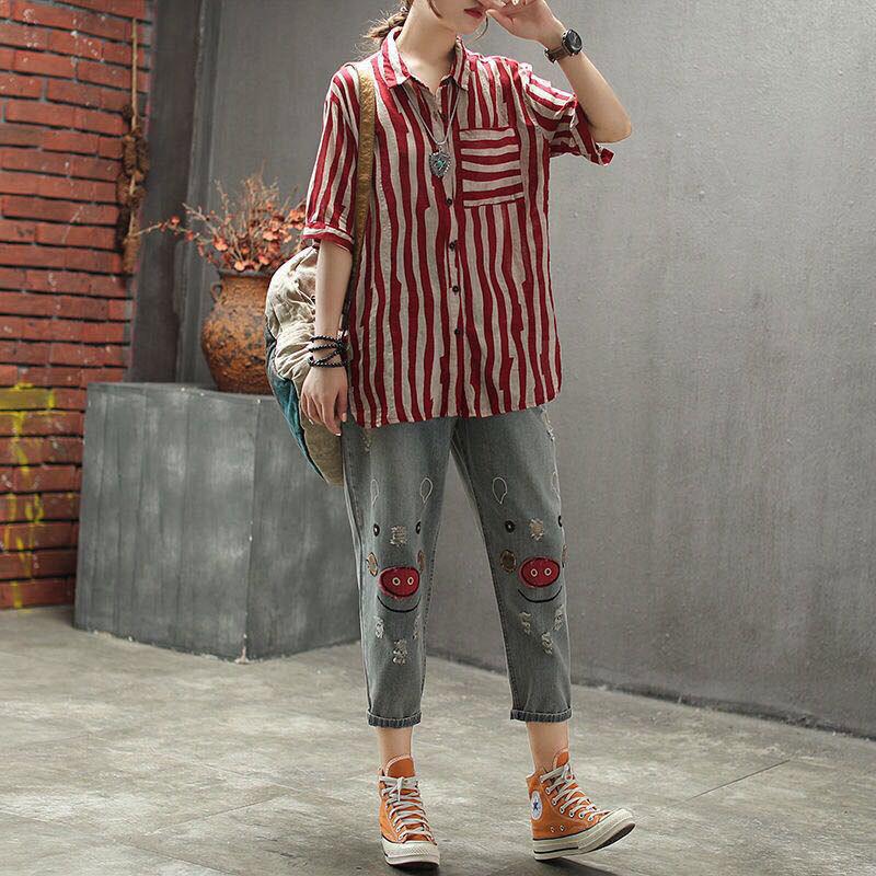 F&je New Arrival Women Shirts Plus Size Summer Vintage Striped Linen Blouse Turn-down Collar Female Loose Casual Ladies Tops D2 210225