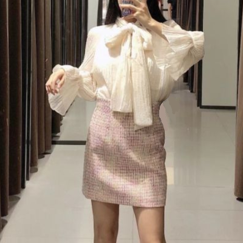Woman Dot Flocking Chiffon Loose Shirt Femme Stand collar bow tie Blouse Casual Lady Lantern Sleeve Tops Smock Blusas S7962 210225