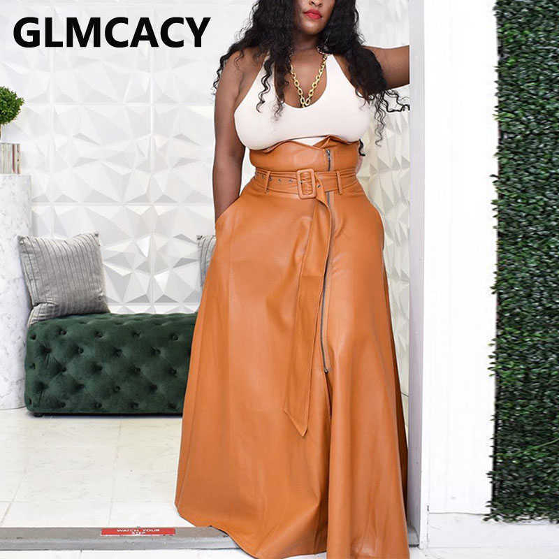 Women High Waist Buckle Belted PU Leather Skirt Elegant Party Maxi Skirts Bottoms 210621