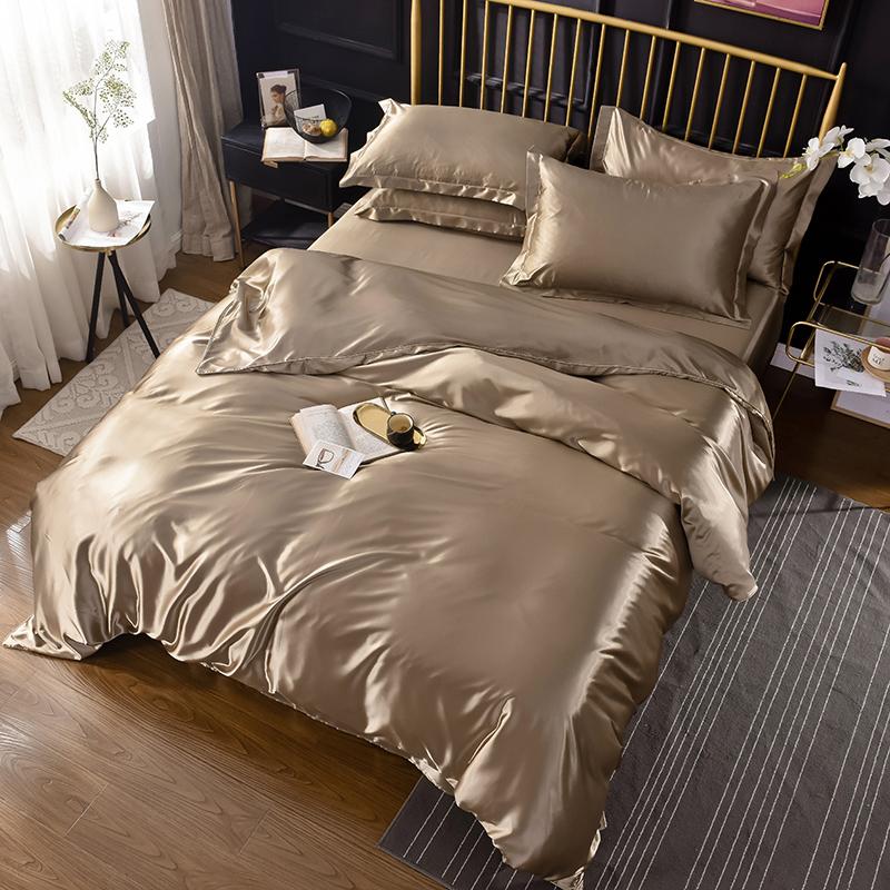 LUXURY SATIN SILK BEDDING SETS DUVET COVER FLAT FITTED SHEET TWIN FULL QUEEN KING SIZE 4PCS/6PCS LINEN SET BLACK 100%GOLDEN