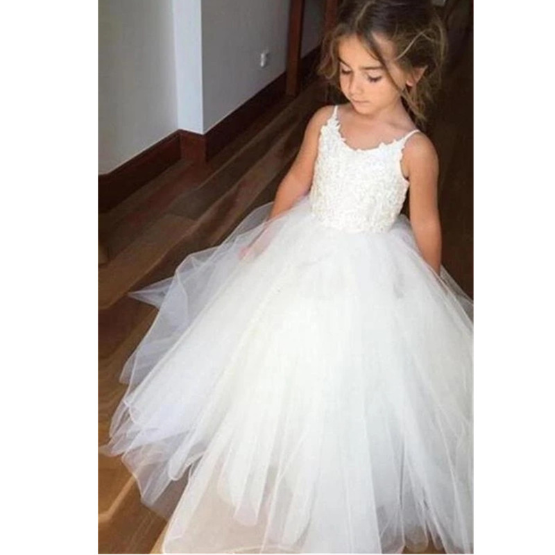 Puffy Flower Girl Dresses for Kids Prom Paty Cute Spaghetti Straps Wedding Ball Gown White Tulle First Communions Dress
