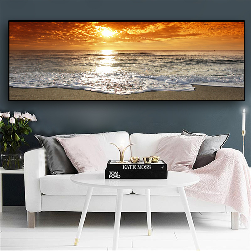 Natural Gold Beach Sunset Landscape Posters and Prints Canvas Painting Mediterran Scandinavian Wall Art Picture for Living Room